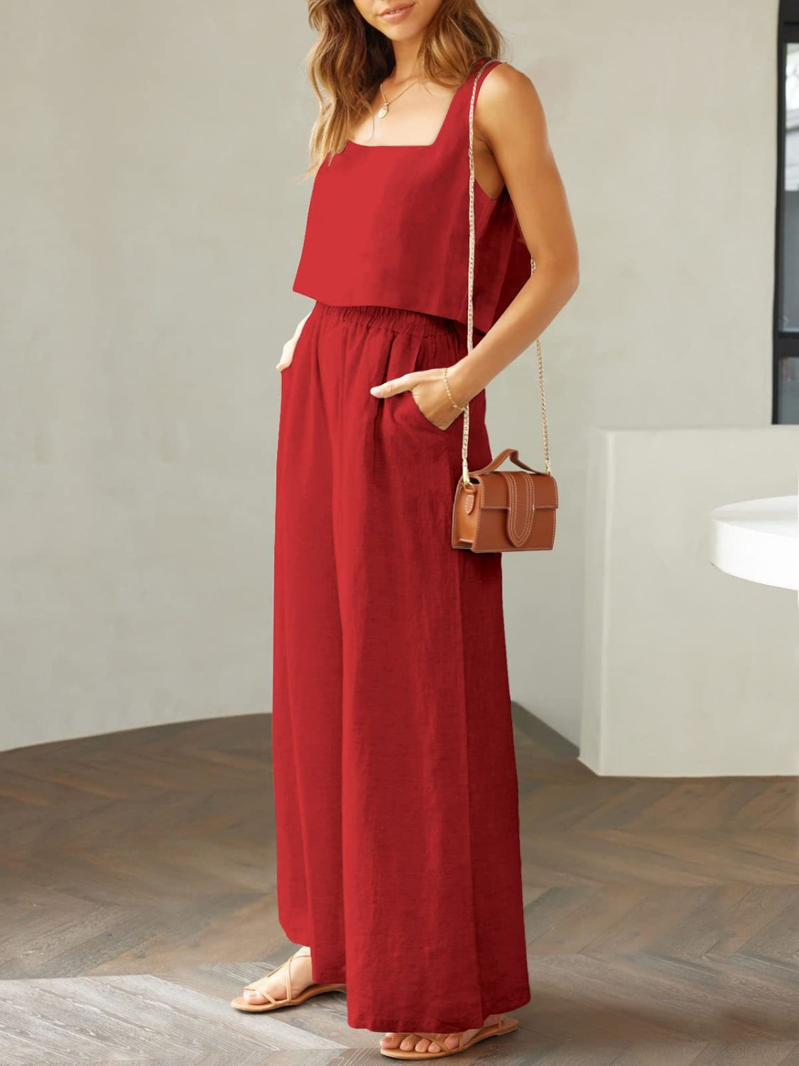 Square Neck Top and Wide Leg Pants Set Trendsi