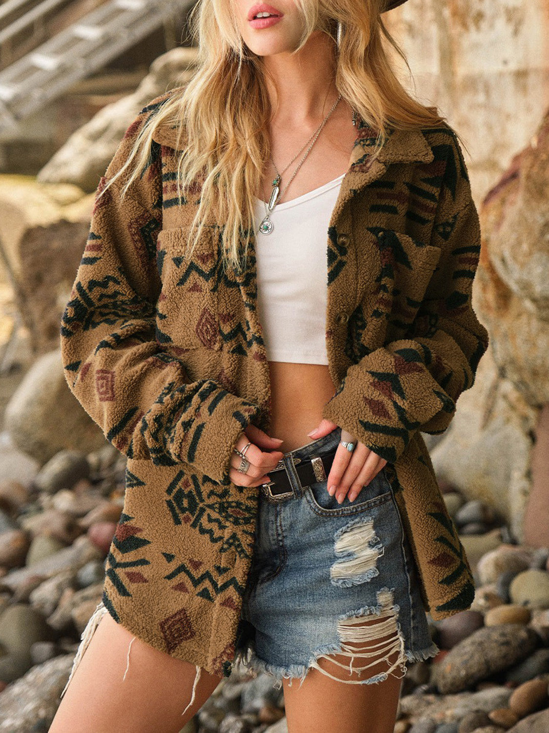 Geometric Button Up Long Sleeve Sherpa Jacket Trendsi