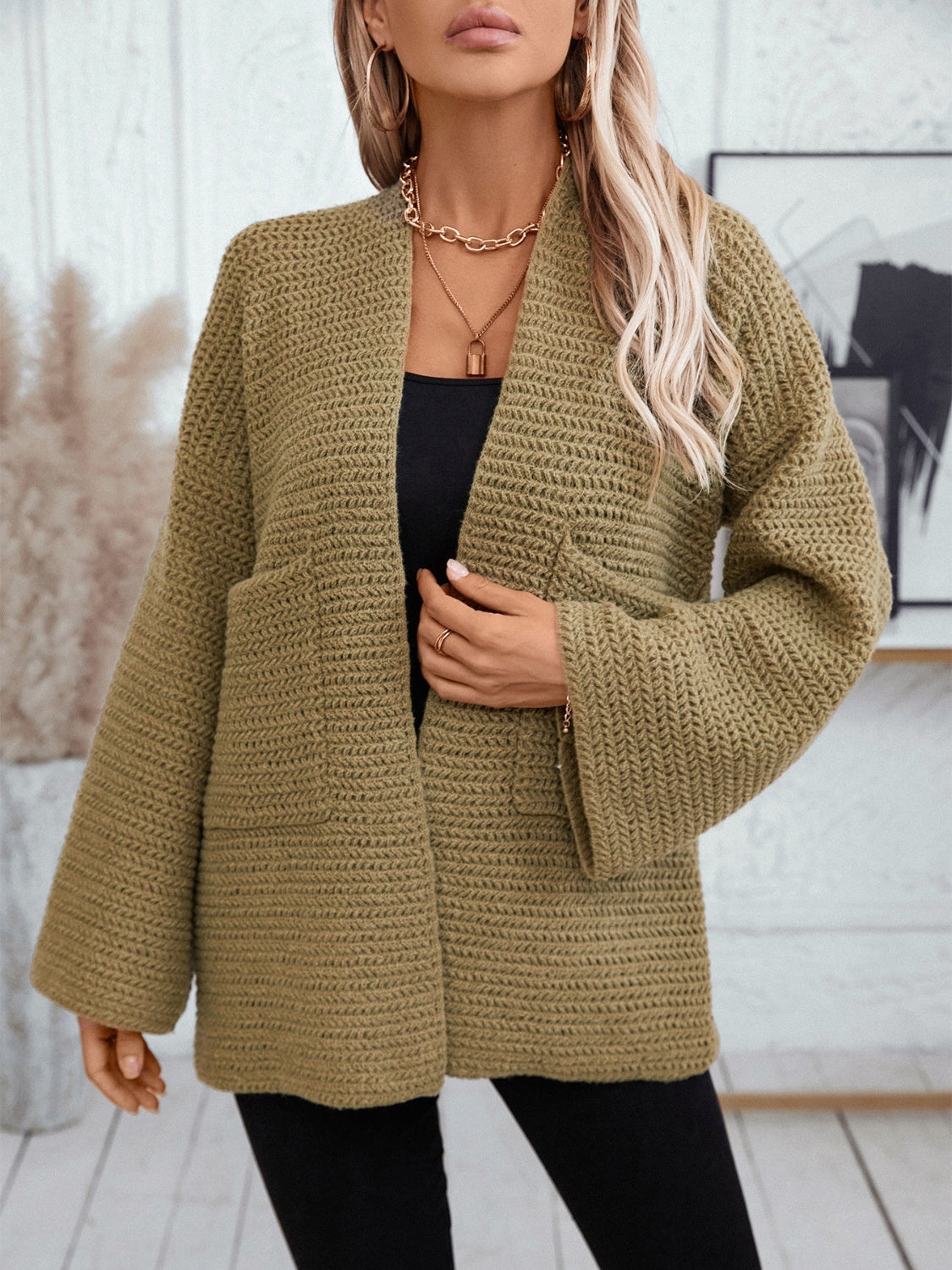 Open Front Long Sleeve Cardigan Trendsi