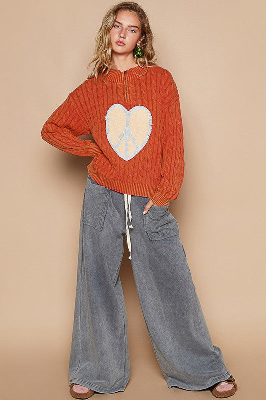 POL Cable-Knit Peace Patch Dropped Shoulder Sweater Trendsi