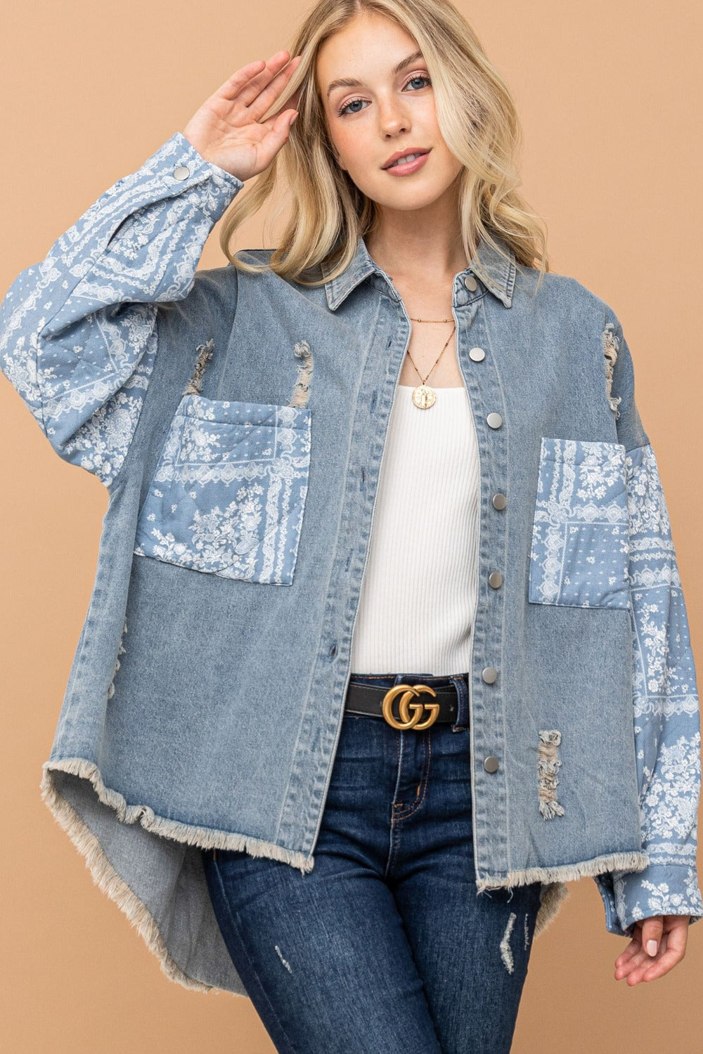 And The Why Full Size Paisley Print Quilted Sleeves Denim Jacket Trendsi