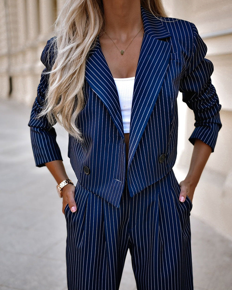 Fashion Striped Suits Casual Lapel Long Sleeve Cropped Top And Straight Pants Outfits Women's Clothing ARZ