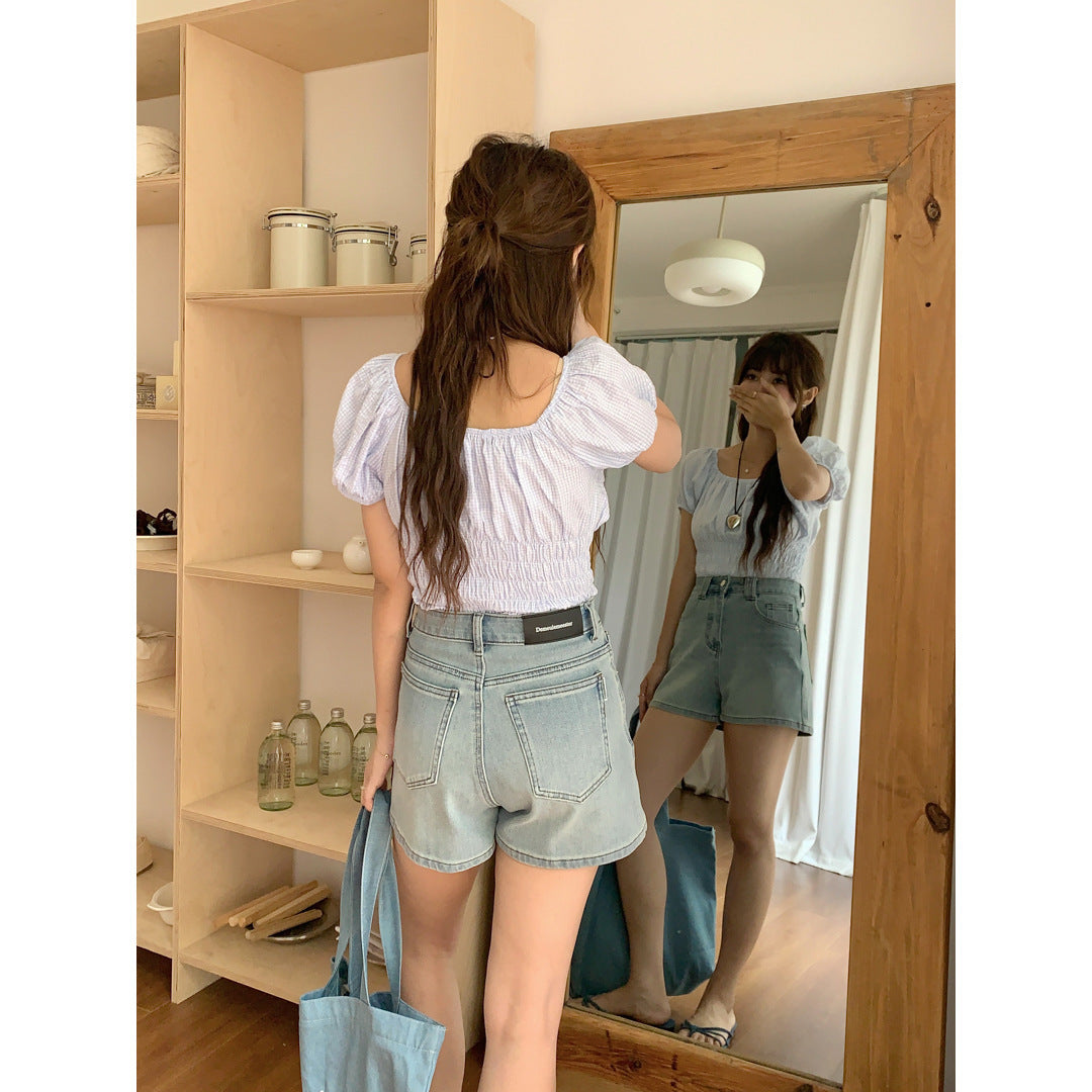 Women's Four Sided Elastic Light Colored High Waisted Denim Shorts ARZ