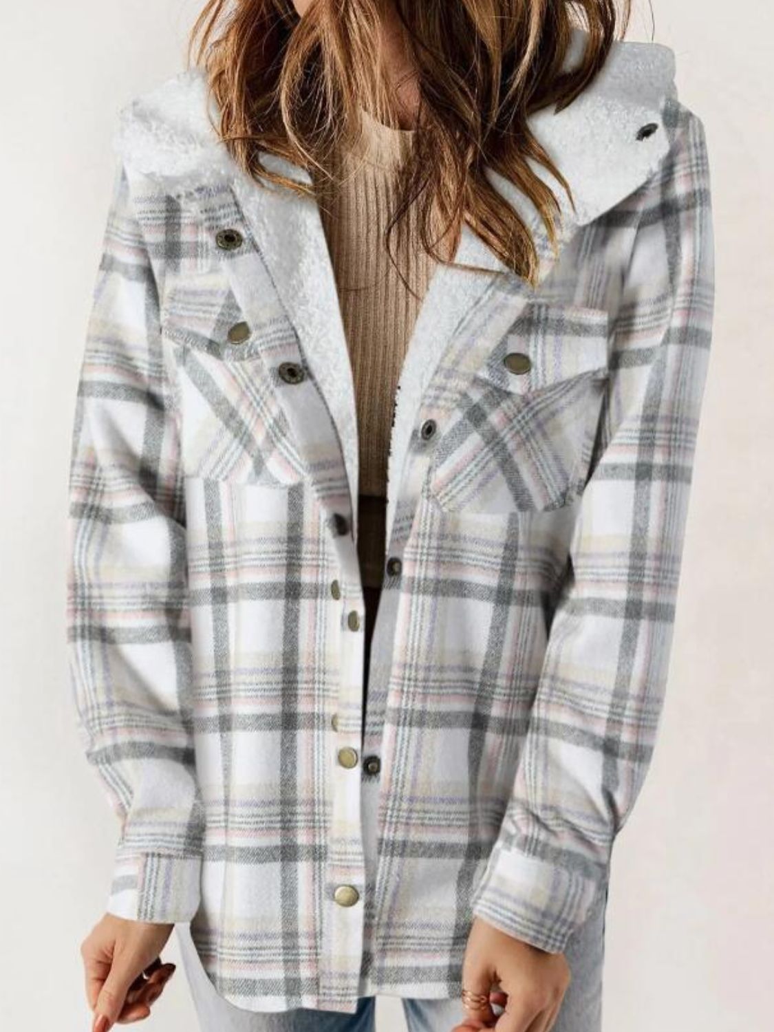 Plaid Snap Down Plush Hooded Jacket Trendsi