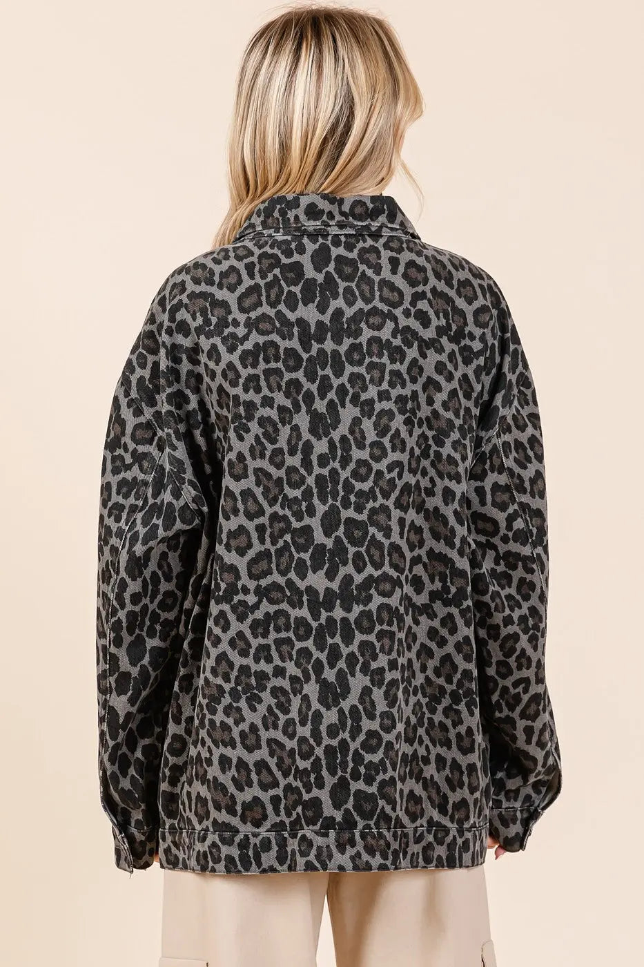 Mittoshop Leopard Button Up Denim Shacket with Breast Pockets Trendsi