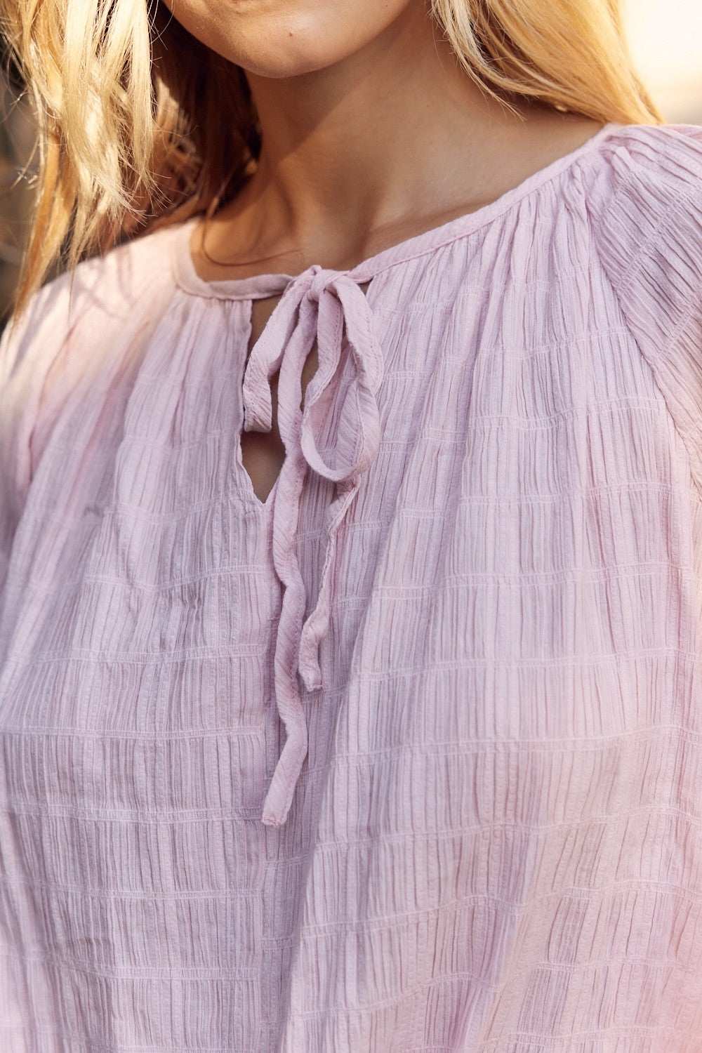 In February Textured Tie Neck Blouse Trendsi