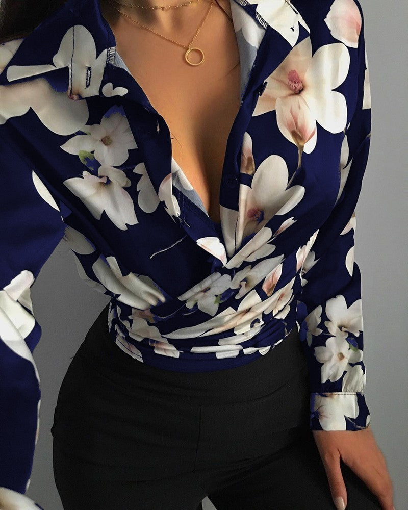 Autumn Loose Long-sleeved V-neck Printed Women's Shirt Shirt Women ARZ