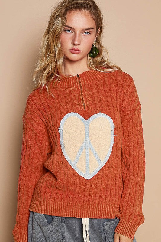 POL Cable-Knit Peace Patch Dropped Shoulder Sweater Trendsi