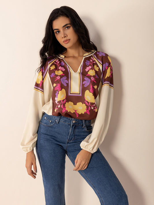 Printed Notched Long Sleeve Blouse Trendsi