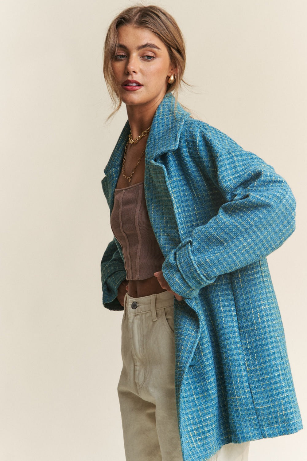 J.NNA Tweed Double-Breasted Long Sleeve Coat Trendsi