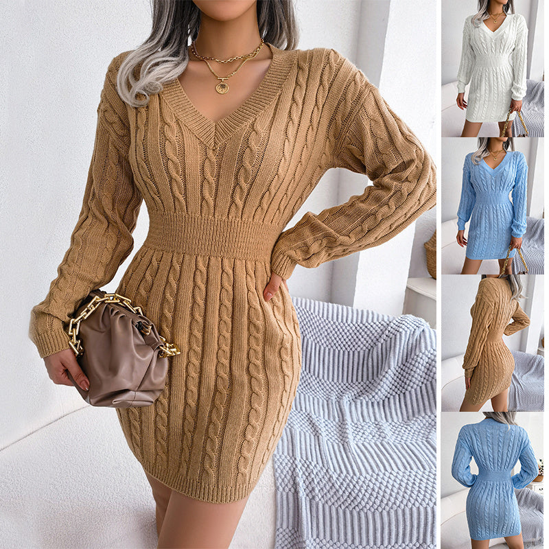 Solid Color V-Neck Long Sleeve Knit Dress Ins Fashion Slim Waisted Hip Dress Womens Clothing ARZ