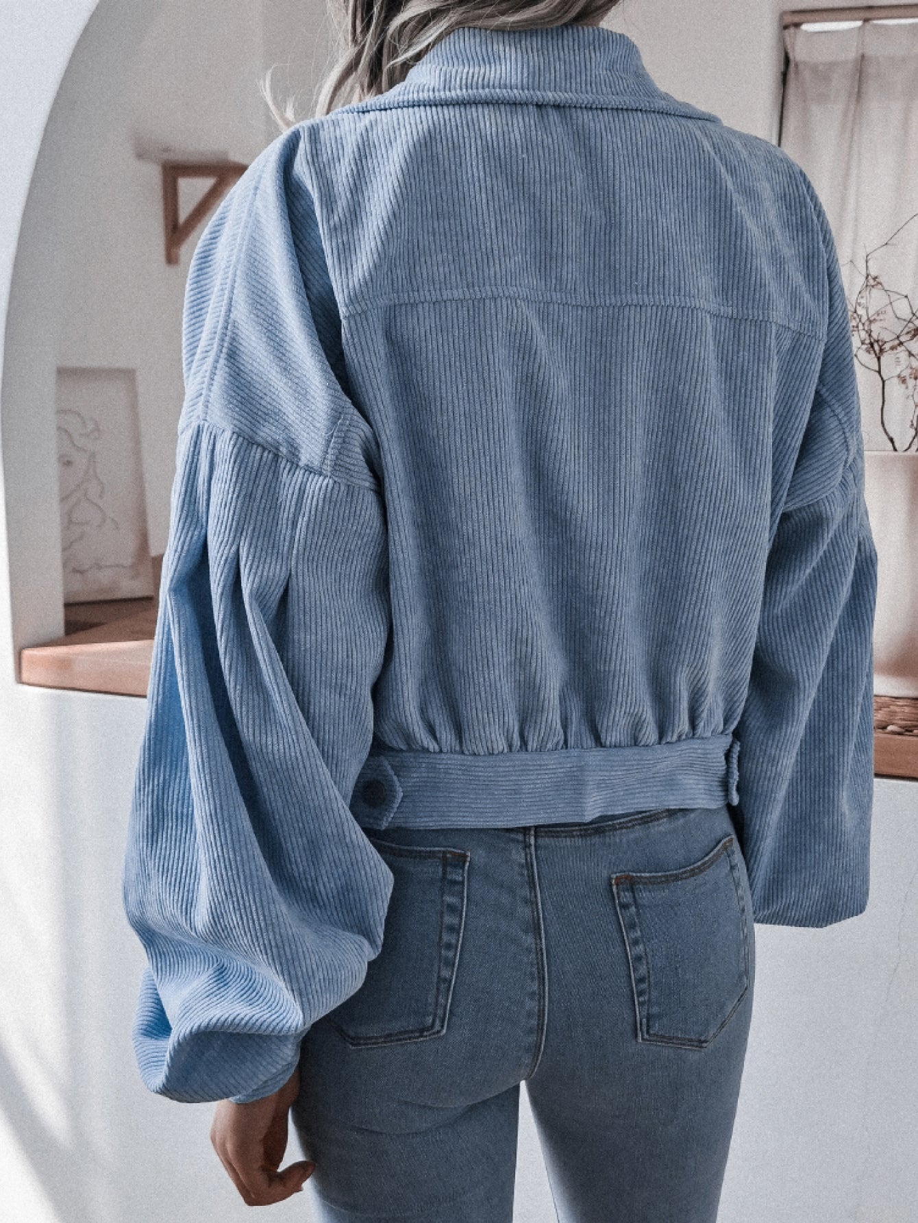 Lantern Sleeve Cropped Corduroy Jacket Trendsi