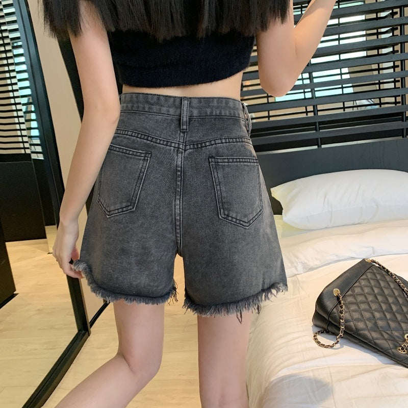 Wide Leg Denim Shorts Frayed Summer New High Waist Slimming ARZ