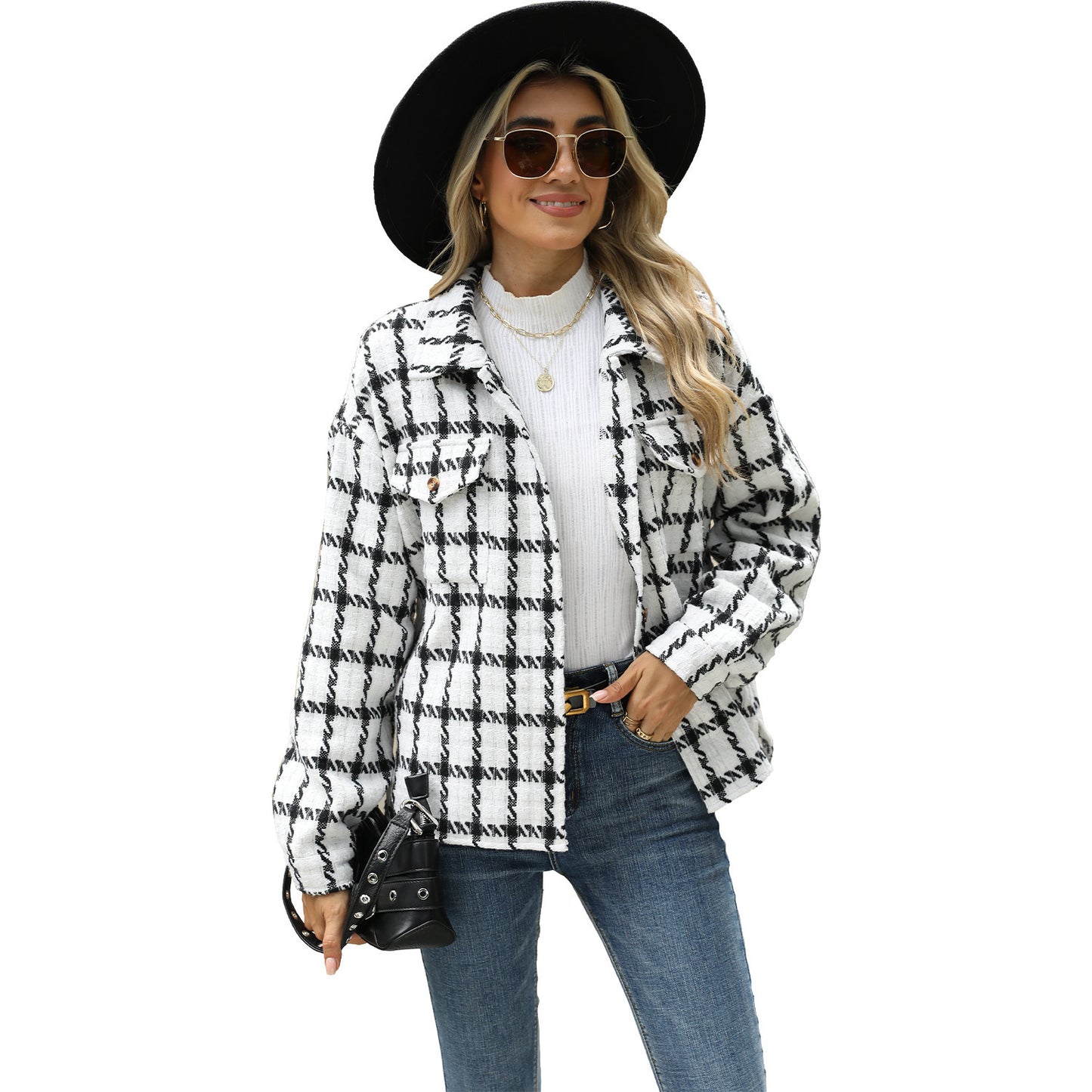 Women's Lapel Plaid Long Sleeve Baggy Coat ARZ