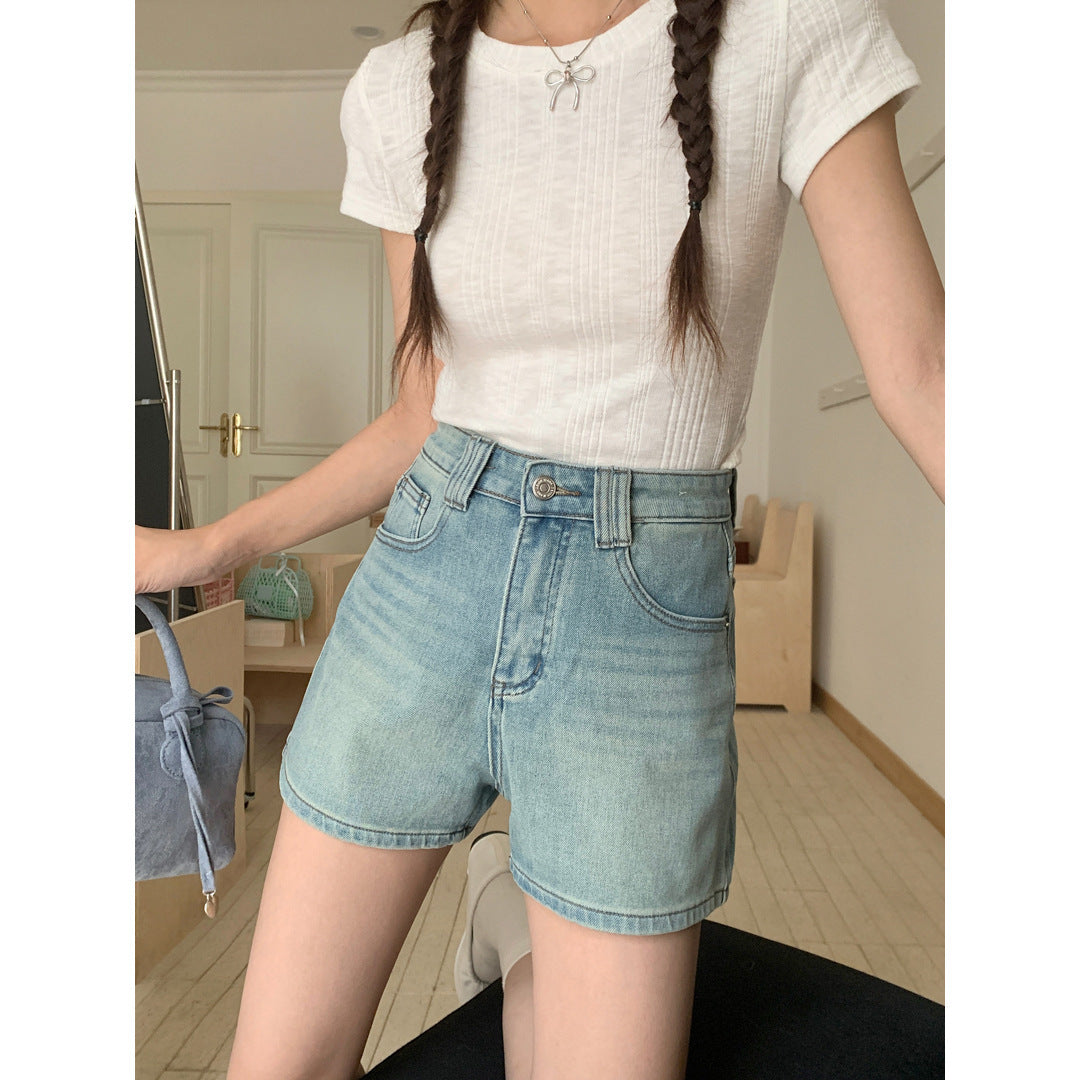 Women's Four Sided Elastic Light Colored High Waisted Denim Shorts ARZ