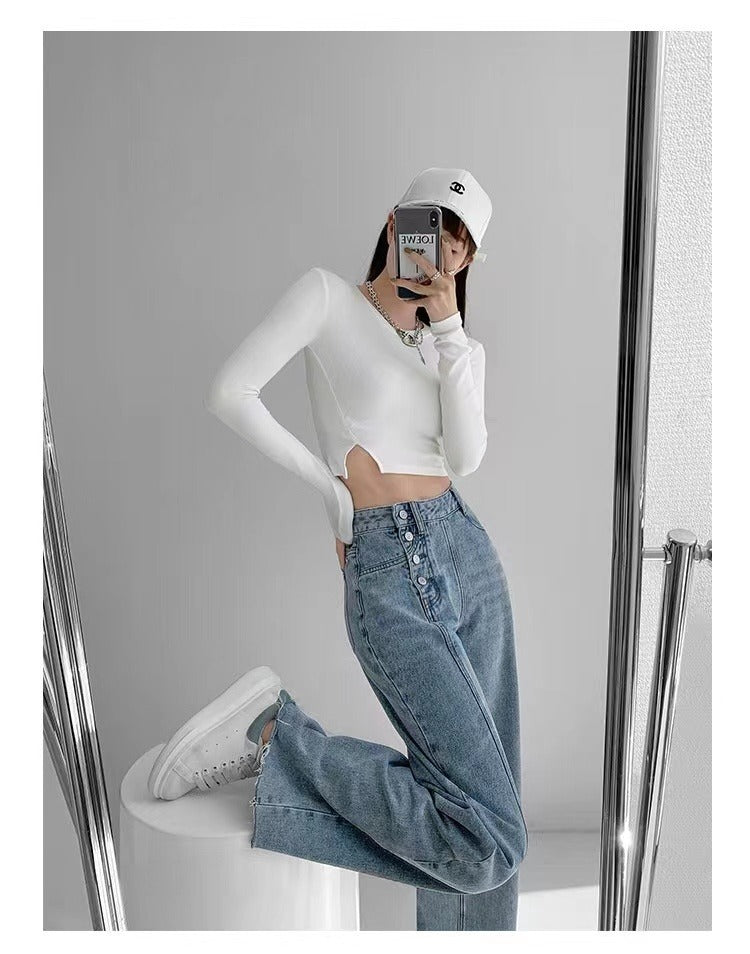 Irregular Breasted High Waist Jeans For Women Straight-leg Trousers ARZ