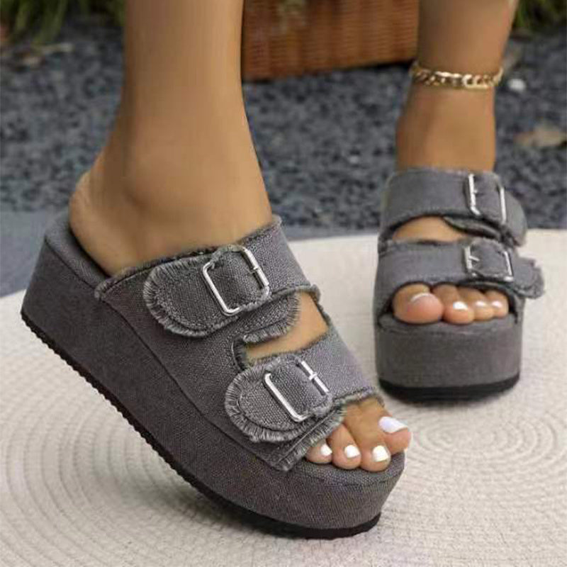 Fashion Denim Buckle Wedges Sandals Summer Outdoor High Heel Slippers Thick Bottom Camouflage Shoes For Women ARZ