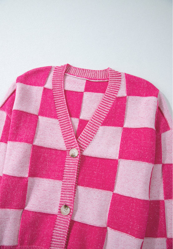 Checkered V-Neck Long Sleeve Cardigan Trendsi