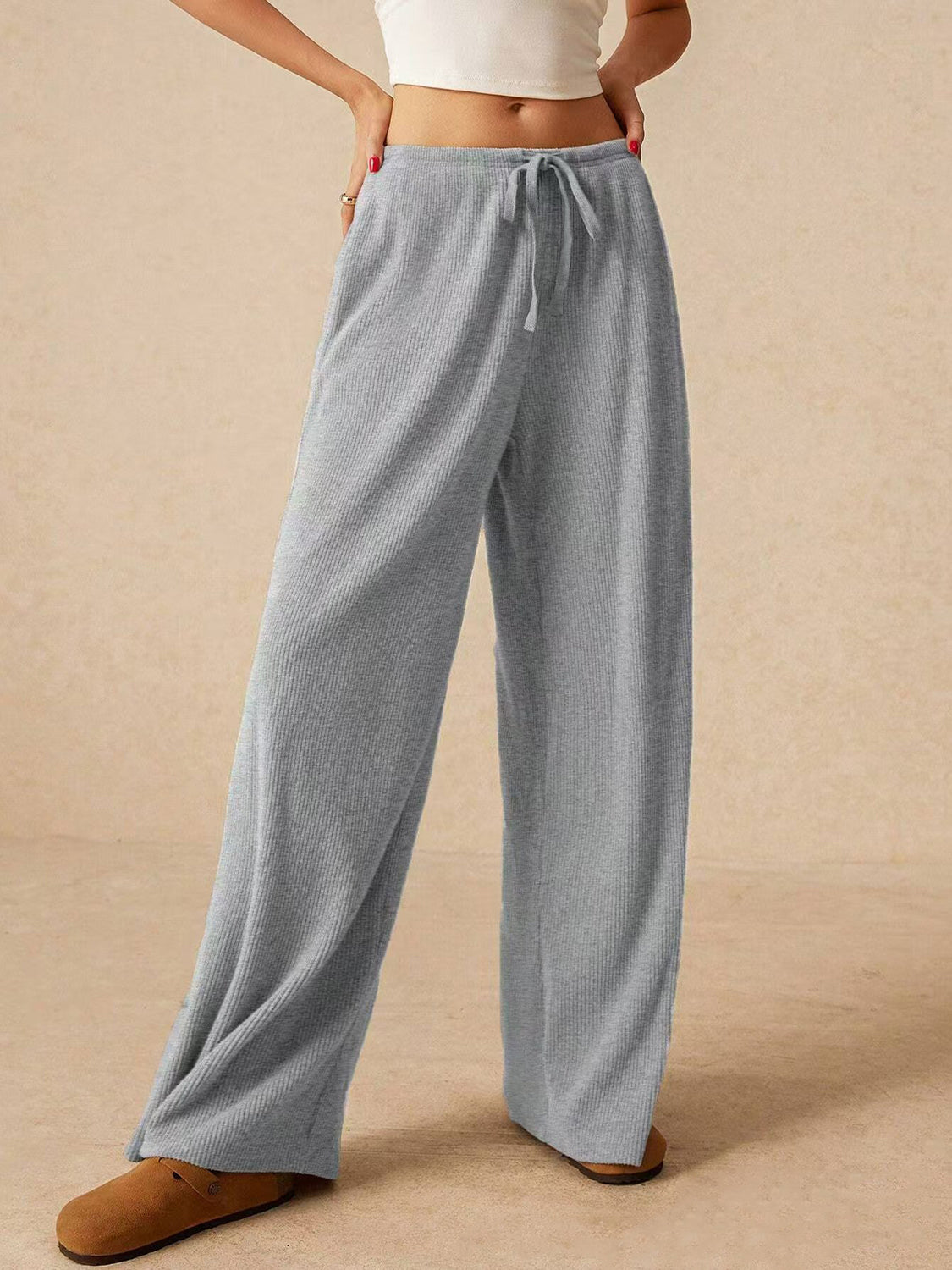 Stylish Drawstring Trousers - Ribbed Wide Leg Pants Trendsi