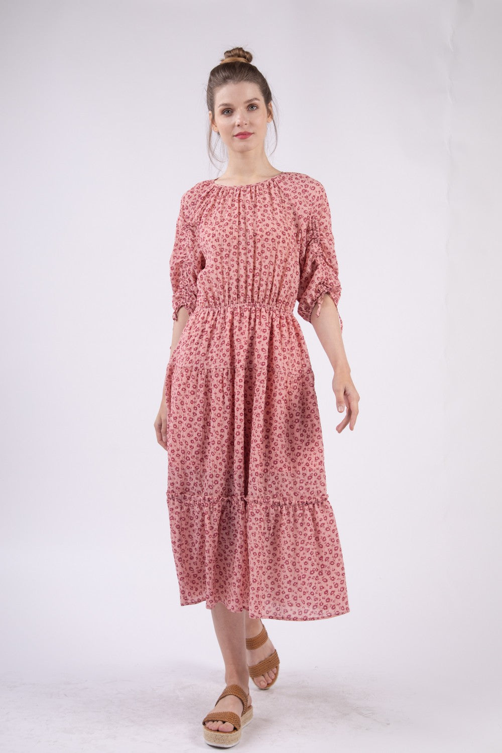 VERY J Floral Round Neck Tiered Midi Dress Trendsi