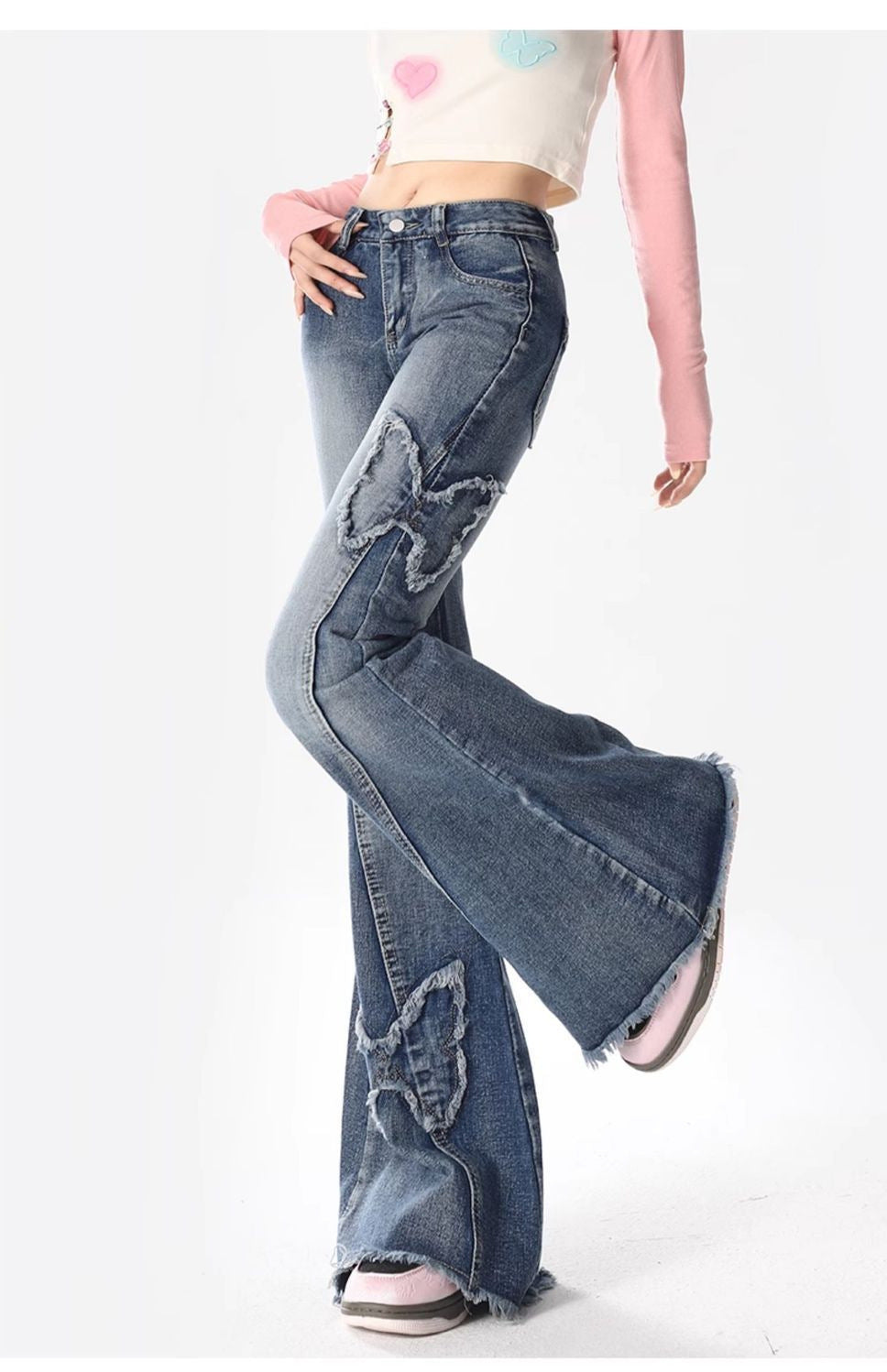 American Retro Butterfly Embroidery Slightly Flared Jeans Women ARZ