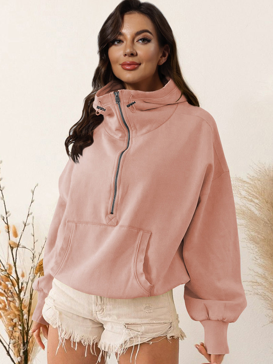 Zip-Up Dropped Shoulder Hoodie Trendsi