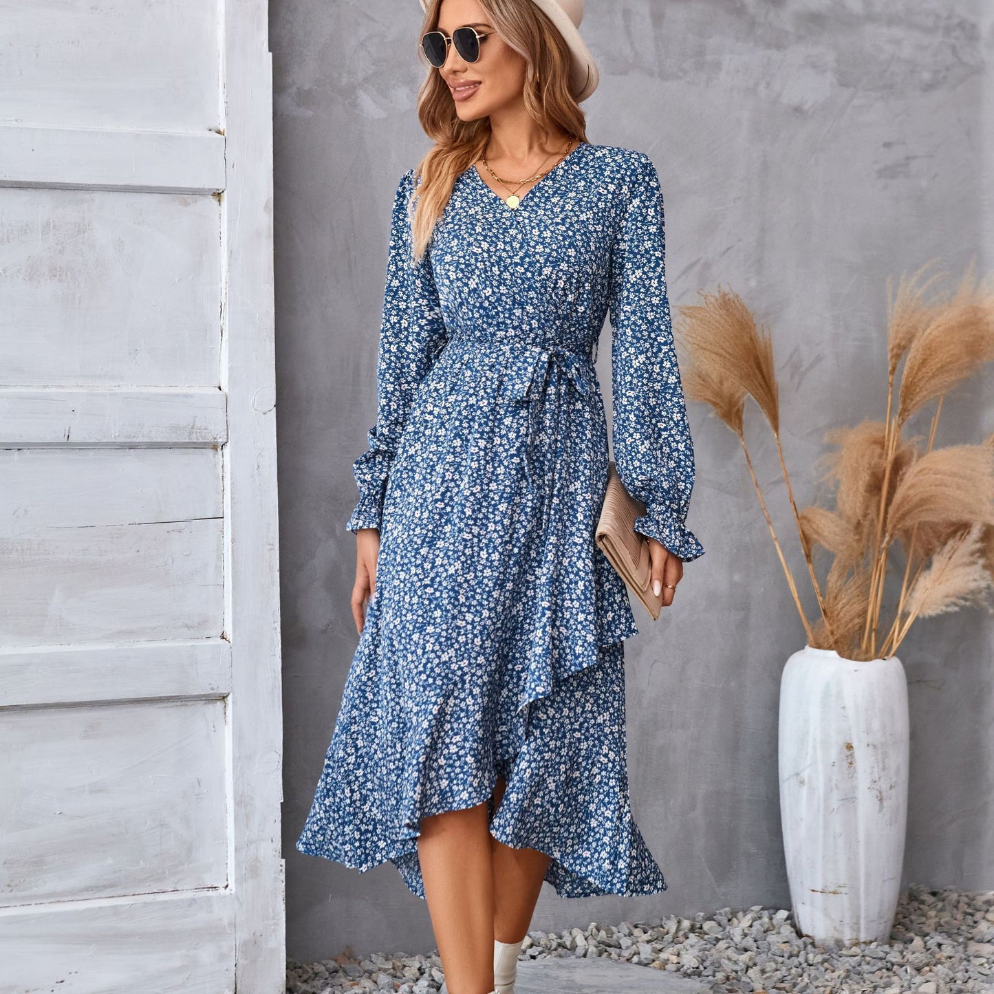 Flowers Print Long Sleeve Dress Fashion Ruffled Commuter Temperament Dresses Womens Clothing ARZ