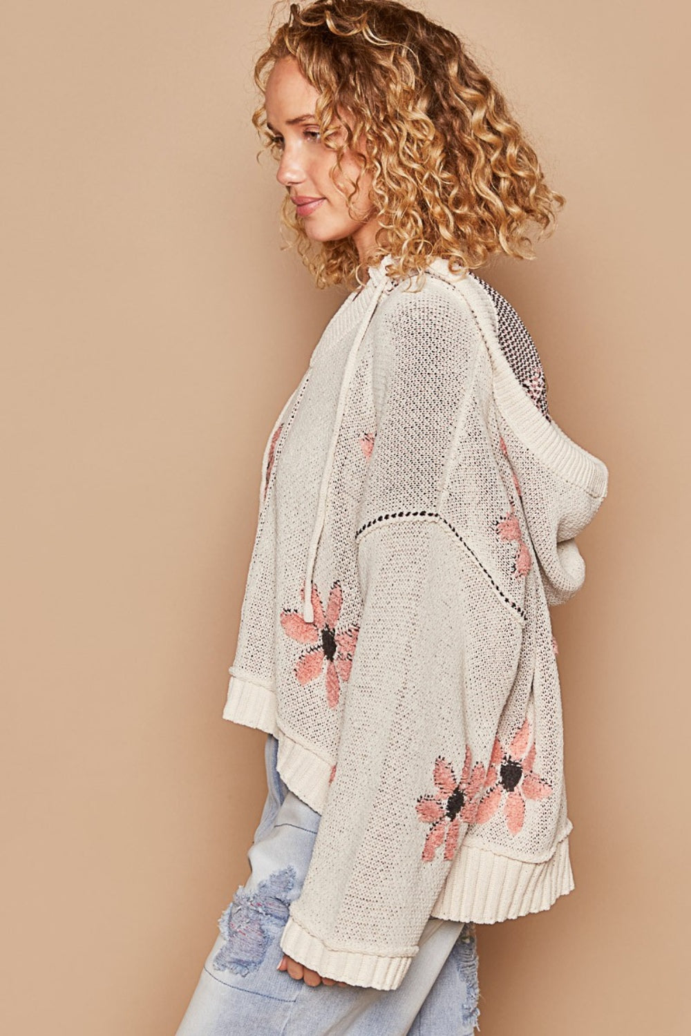 POL Floral Pattern Hooded High-Low Sweater Trendsi