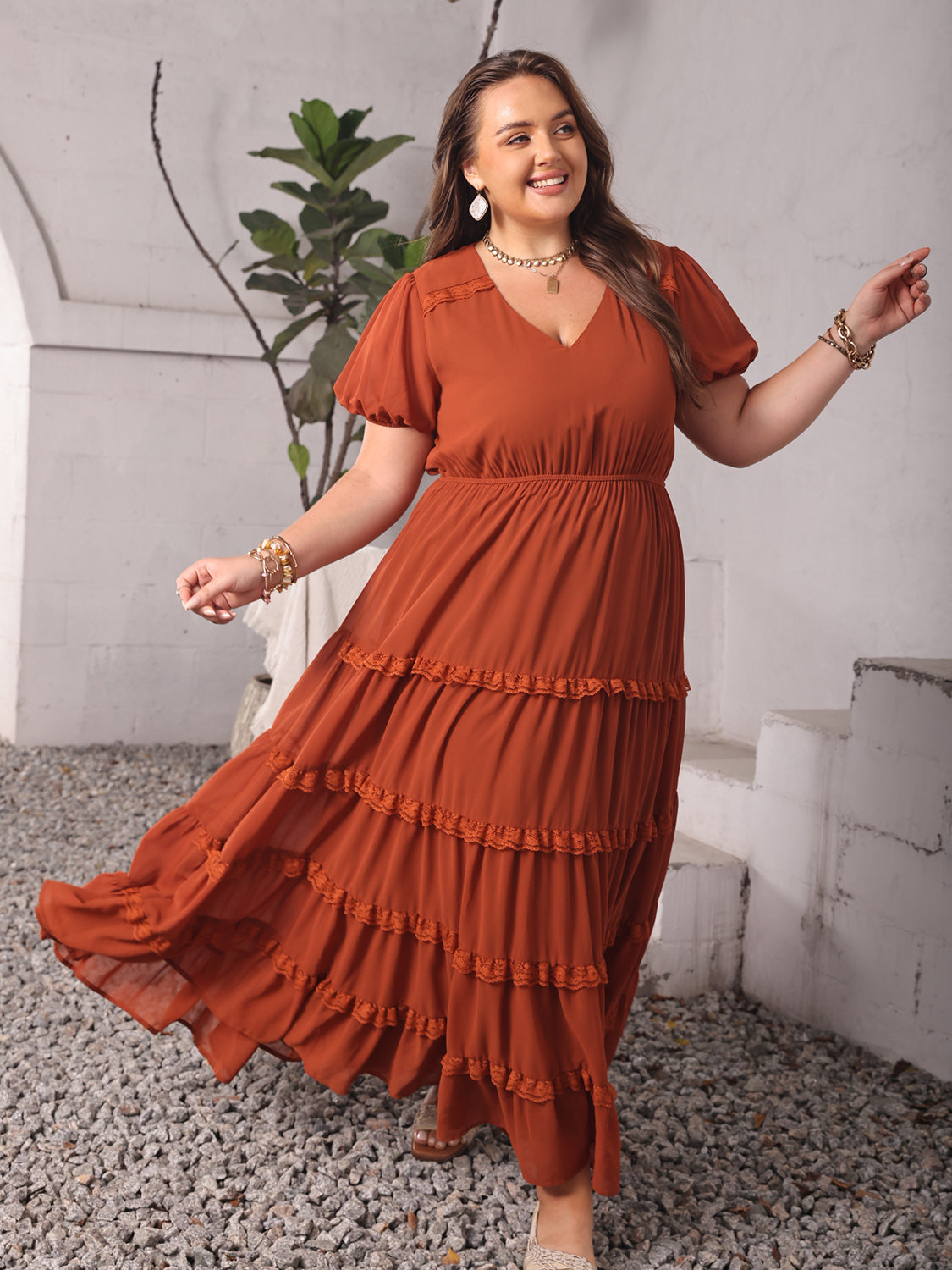 Plus Size Ruched Lace Detail V-Neck Short Sleeve Dress Trendsi