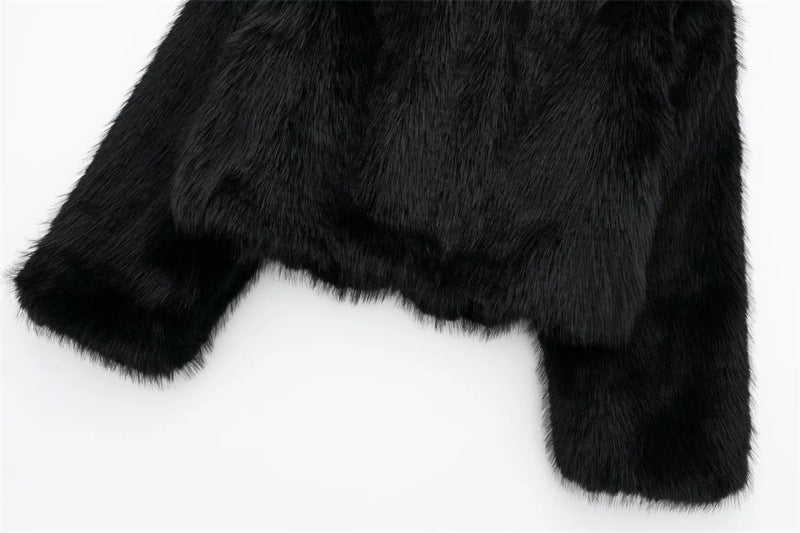 Artificial Fur Effect Polo Collar Jacket Loose Slimming Casual Jacket ARZ