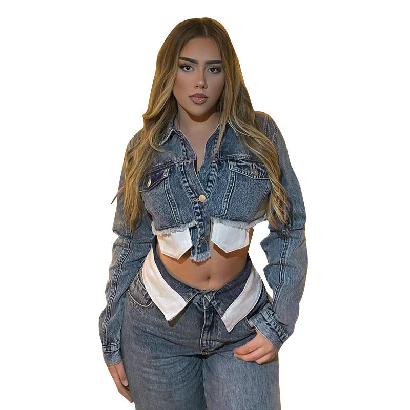 Women's Denim Polo Collar Short Top Coat ARZ