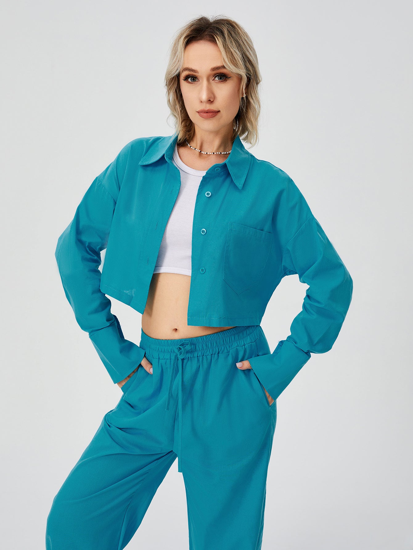 Women Two Piece Outfits For Women Long Sleeve Button Down Wide Leg Loungewear Pajama Set ARZ