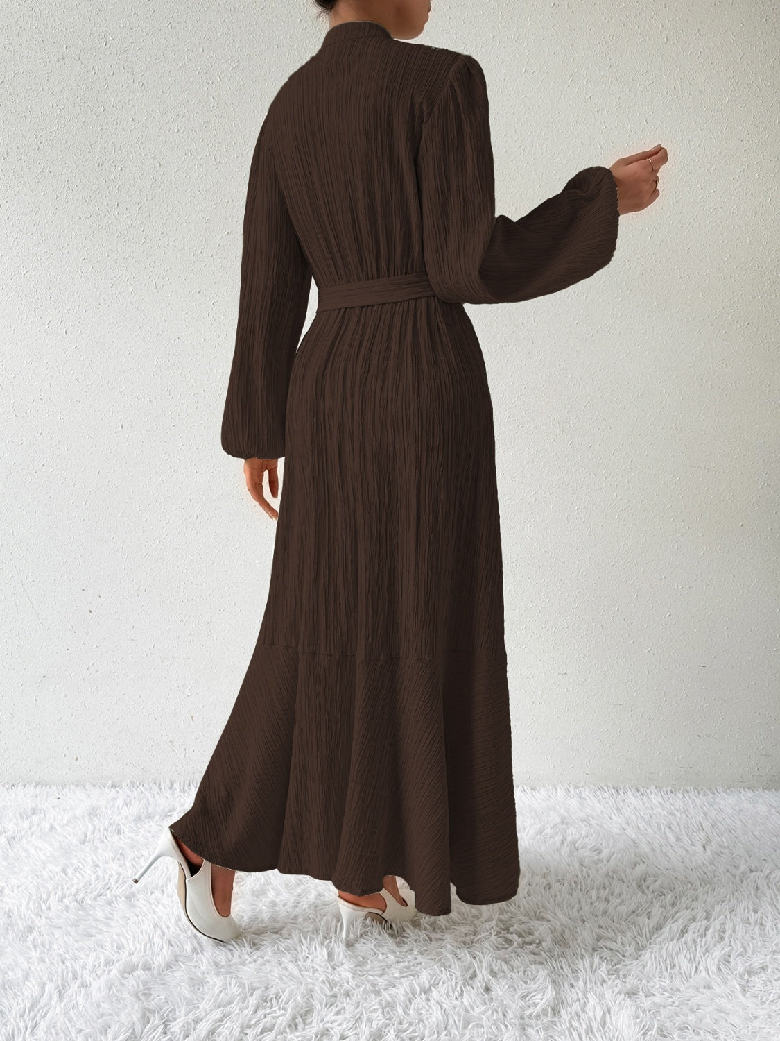 Honey Tie Waist Long Sleeve Dress Trendsi