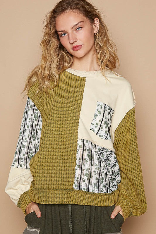 POL Exposed Seam Floral Patch Color Block Round Neck Sweatshirt Trendsi