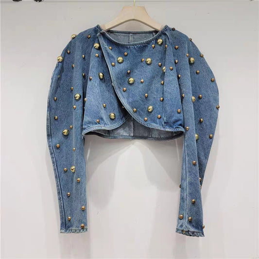 Design Sense Heavy Industry Fashion Wire Nail Rivet Puff Sleeve Cropped Denim Top ARZ