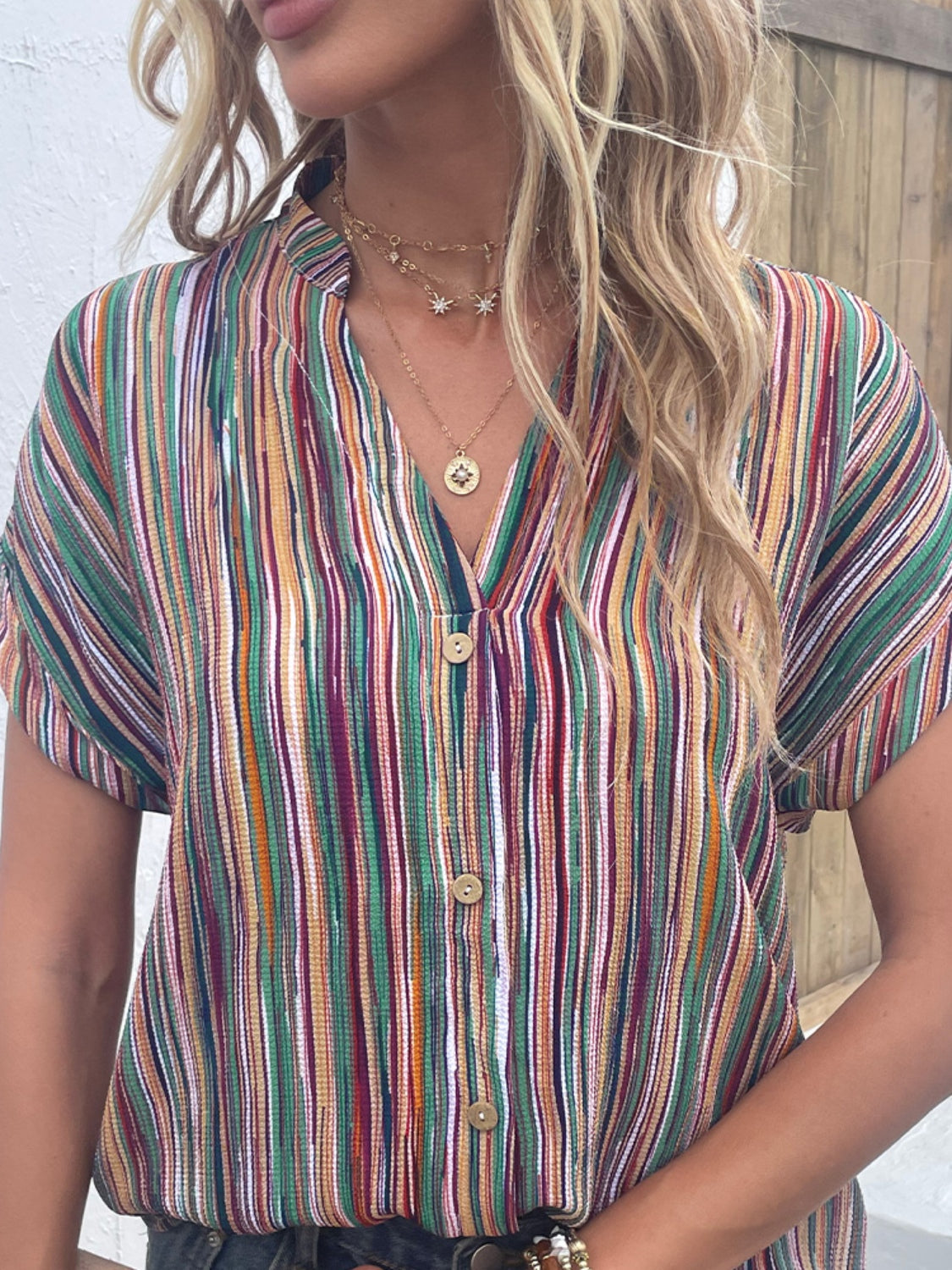 Shiny Striped Notched Short Sleeve Blouse Trendsi