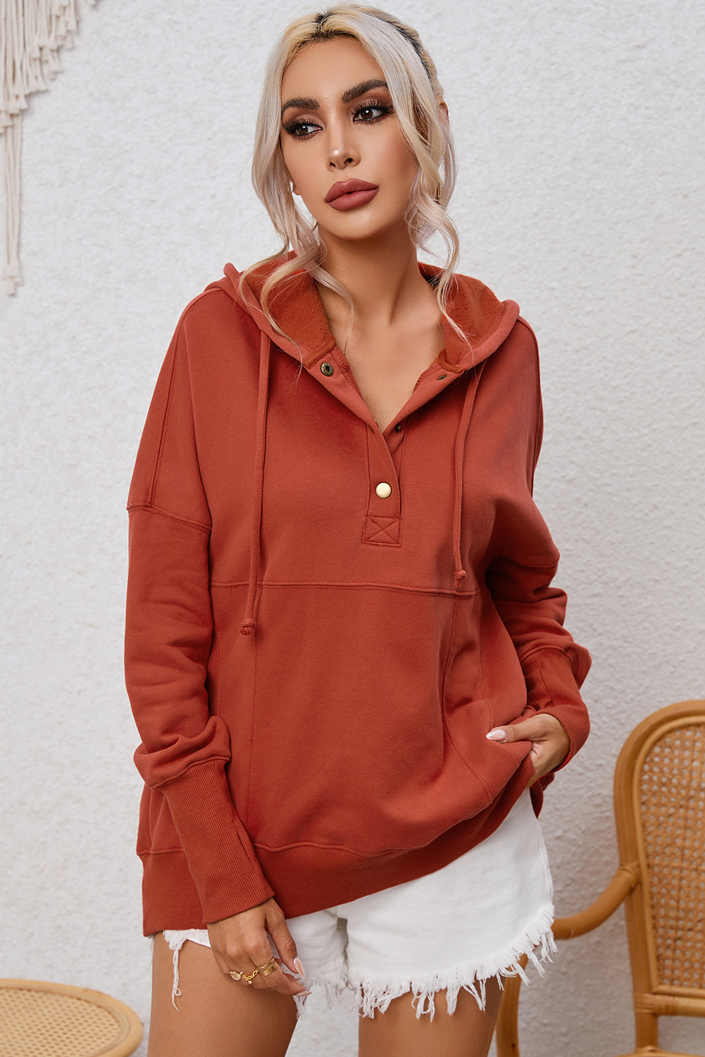 Dropped Shoulder Buttoned Hoodie Trendsi