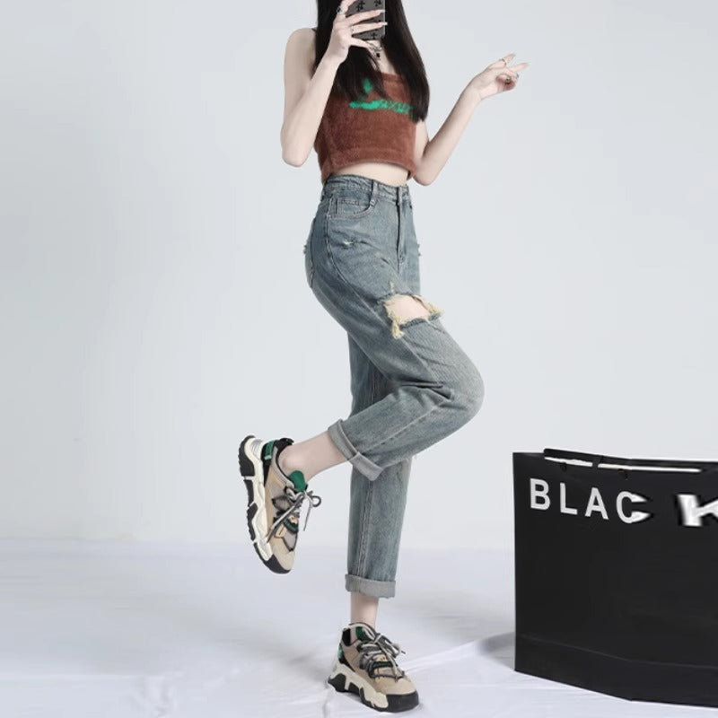 Ripped Daddy Jeans For Women Spring And Autumn 2024 New High Waist Loose Small ARZ