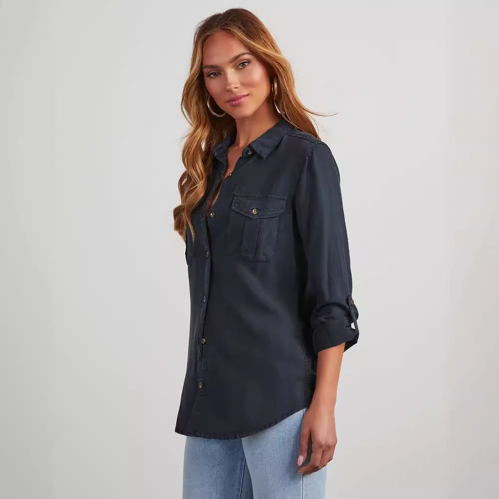 European And American Leisure Lapel Single Breasted Women's Long Sleeve Denim Shirt ARZ