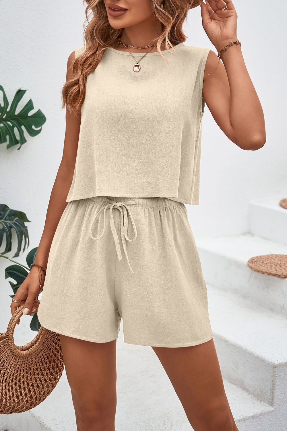 Round Neck Top and Drawstring Shorts Set Trendsi