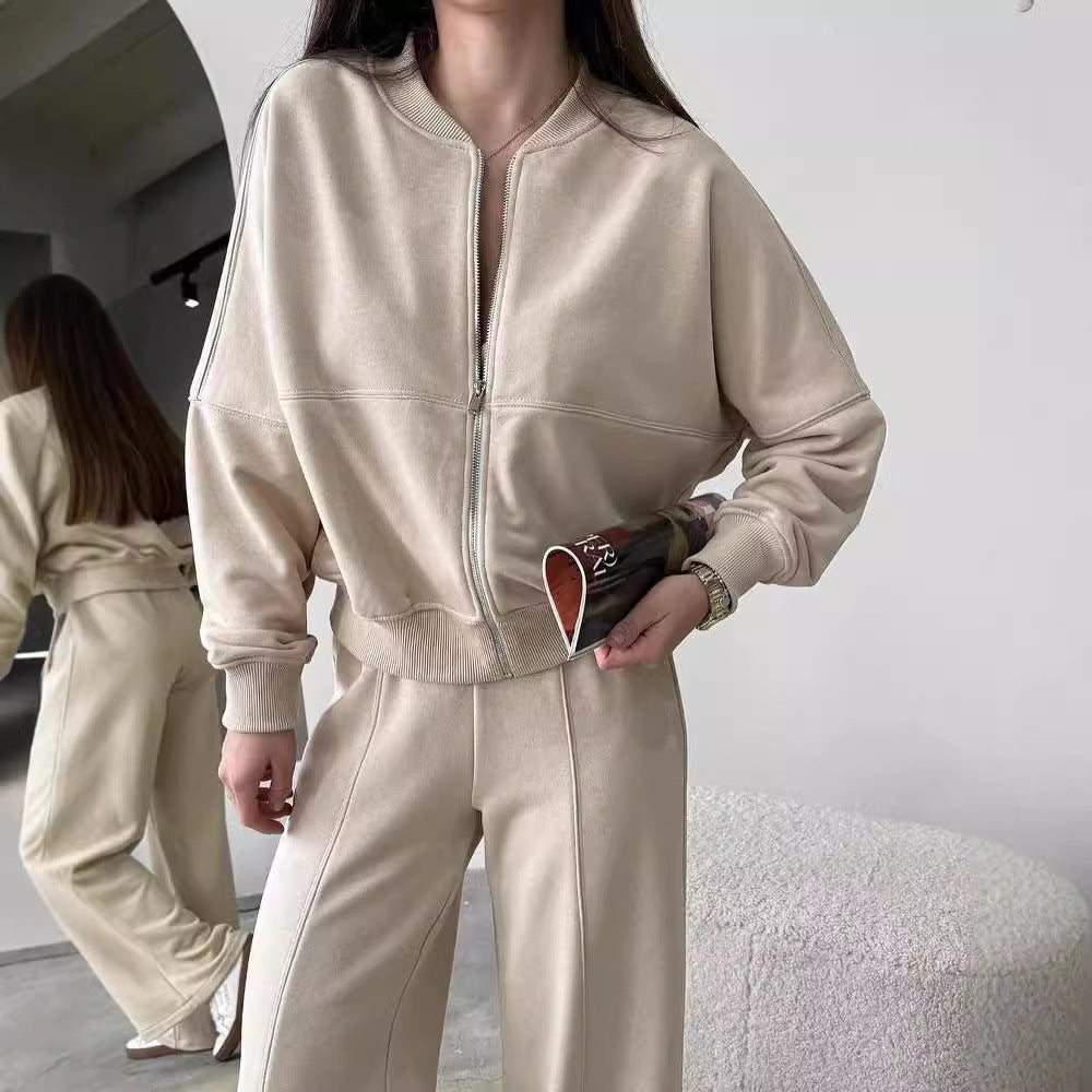 Spring Fashion Solid Color Zipper Cardigan Straight-leg Pants Women's Suit ARZ