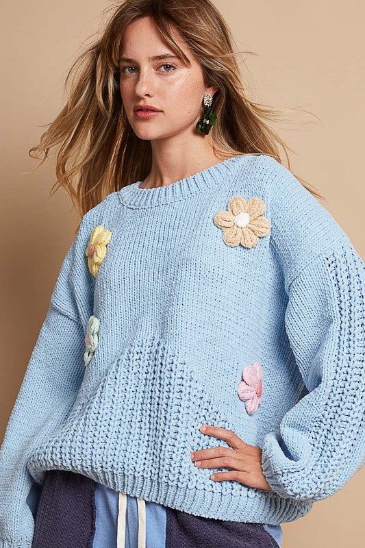 POL Crochet Flower Round Neck Dropped Shoulder Sweater Trendsi