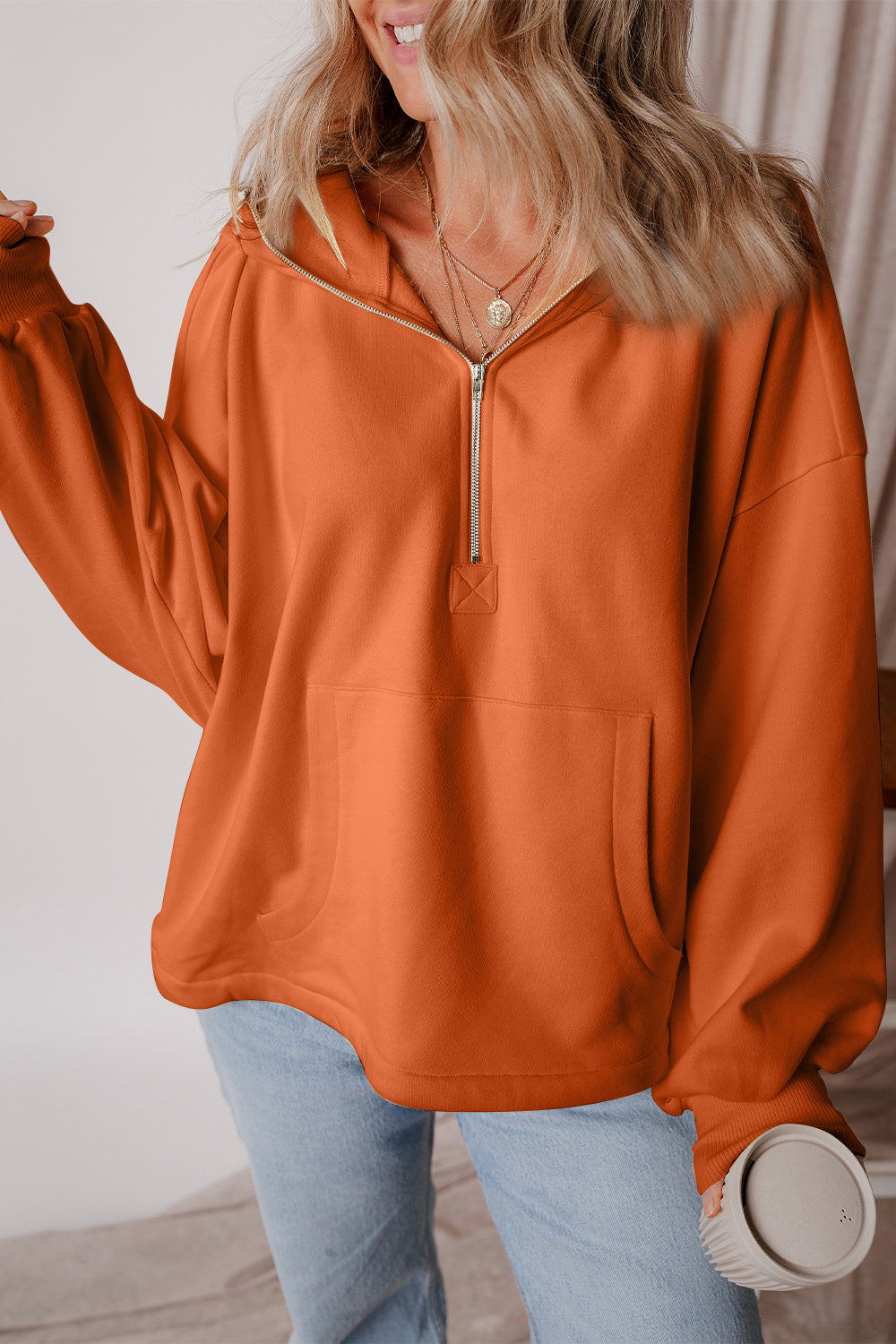 Pocketed Half Zip Dropped Shoulder Hoodie Trendsi