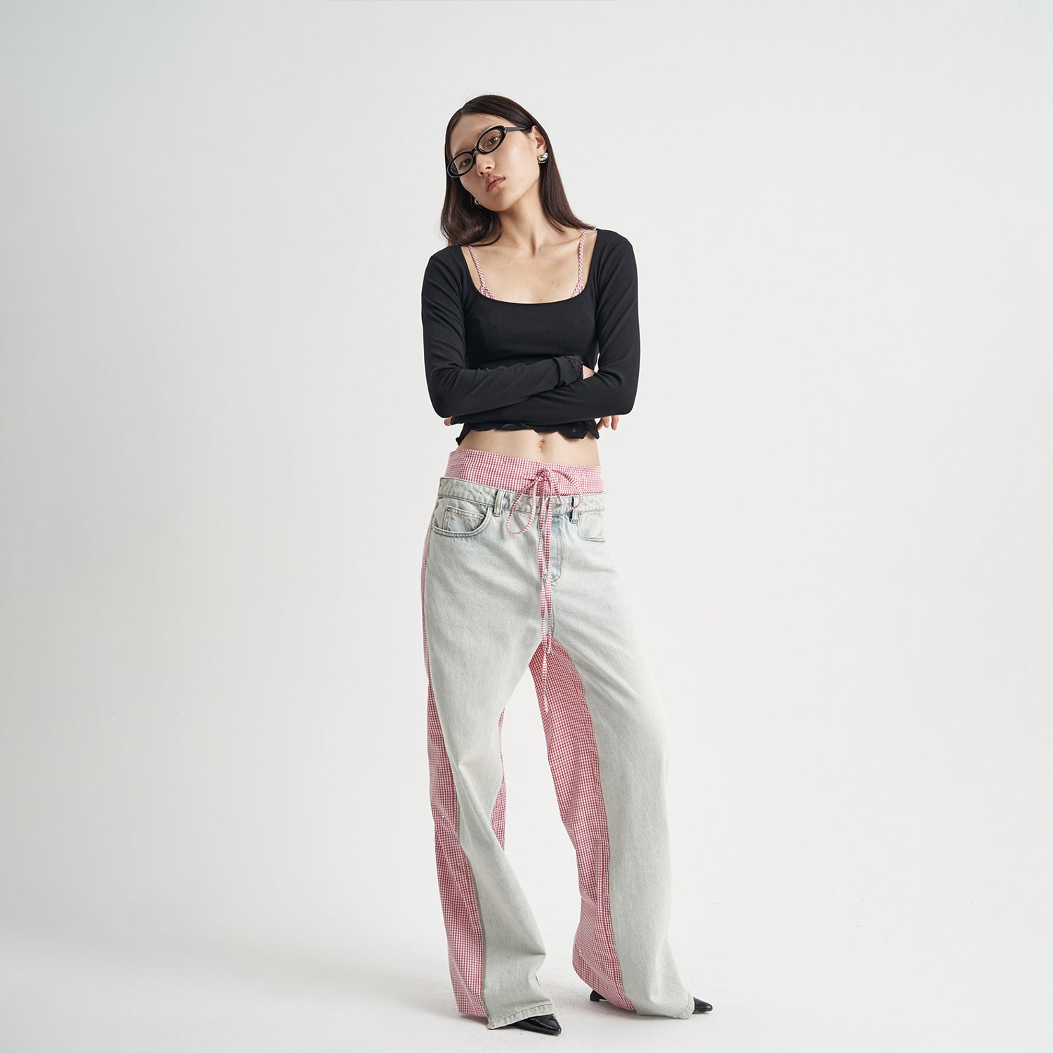 Patchwork Jeans Pink Plaid Women's Clothing ARZ