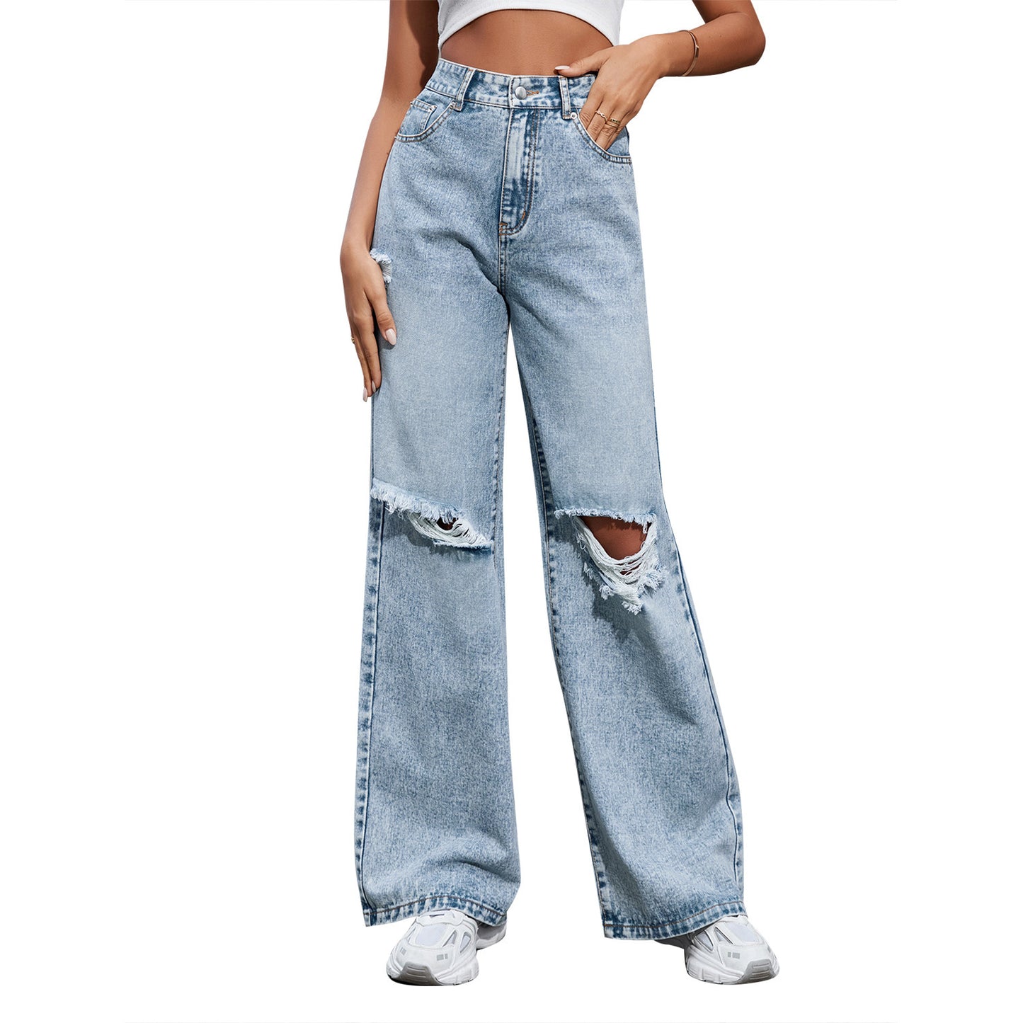 Women's Fashion Holes High Waist Casual Denim Trousers ARZ