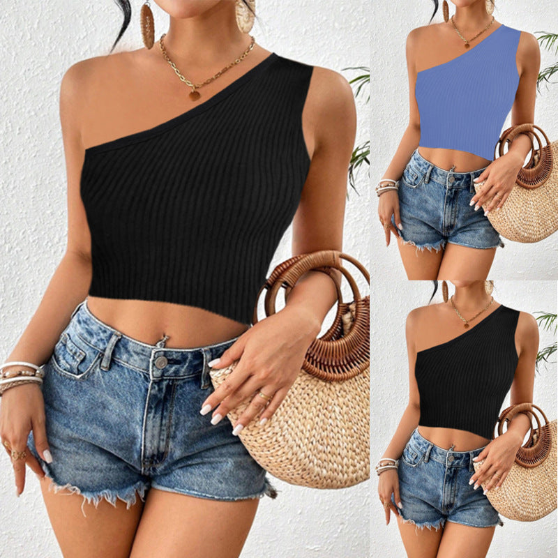 Women's Cropped One-shoulder Diagonal Collar Knitted Vest ARZ