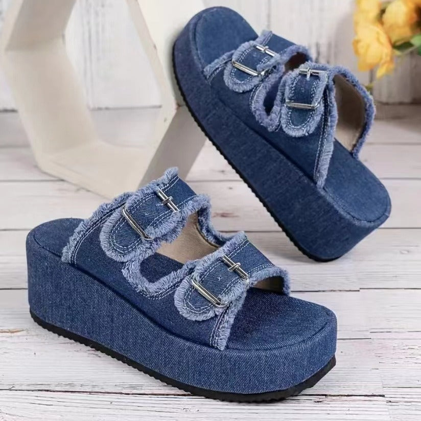 Fashion Denim Buckle Wedges Sandals Summer Outdoor High Heel Slippers Thick Bottom Camouflage Shoes For Women ARZ