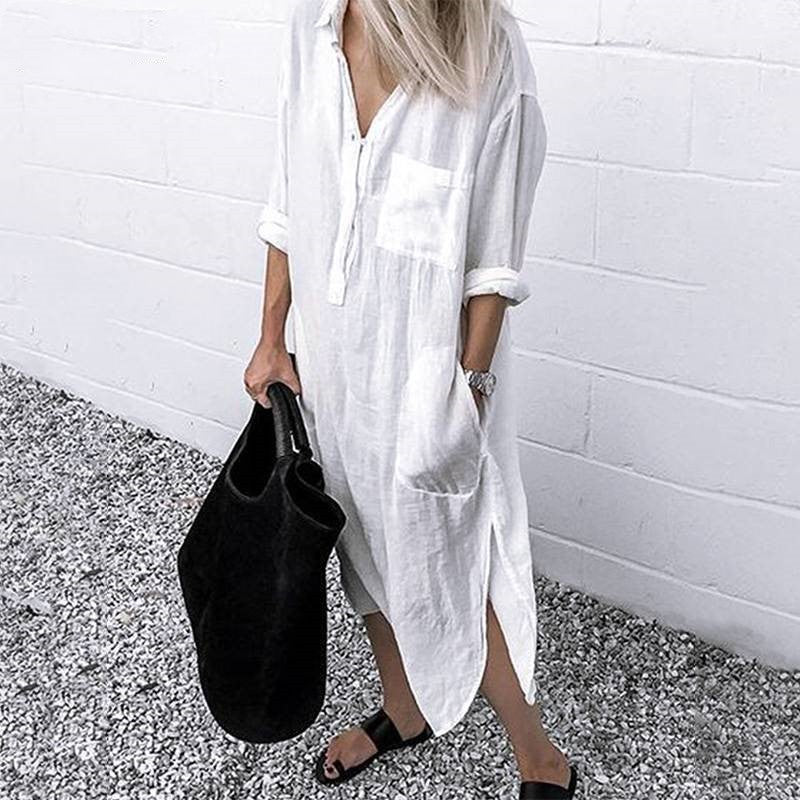 Elegant Solid Color Slit Dress Long Shirt Dress ARZ