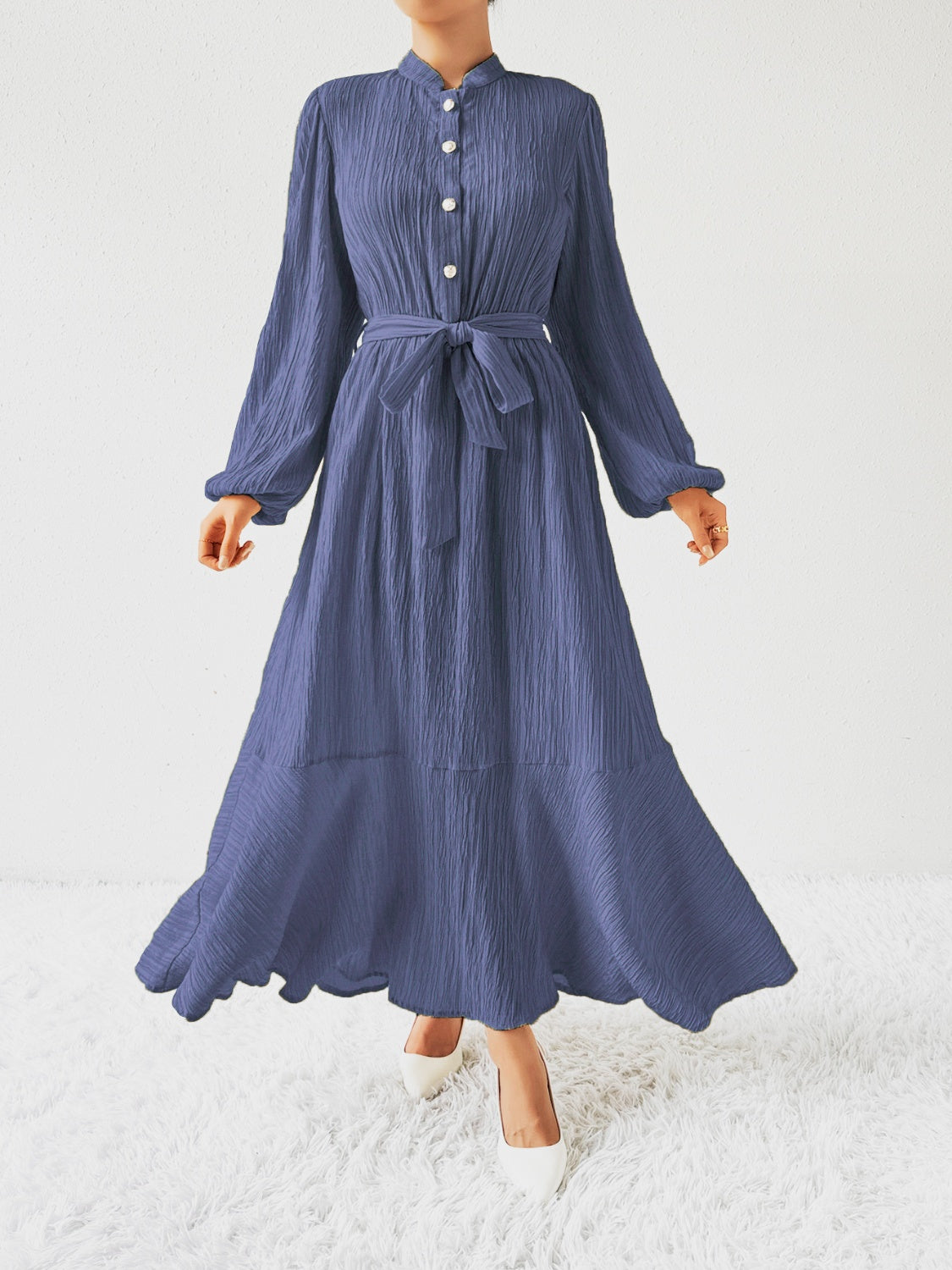 Honey Tie Waist Long Sleeve Dress Trendsi