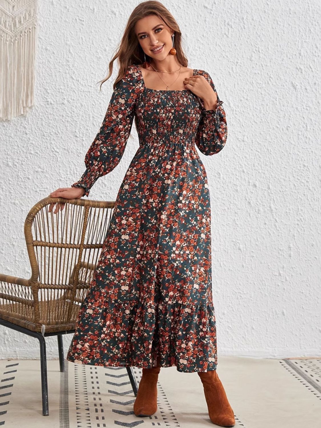 Smocked Floral Square Neck Long Sleeve Dress Trendsi